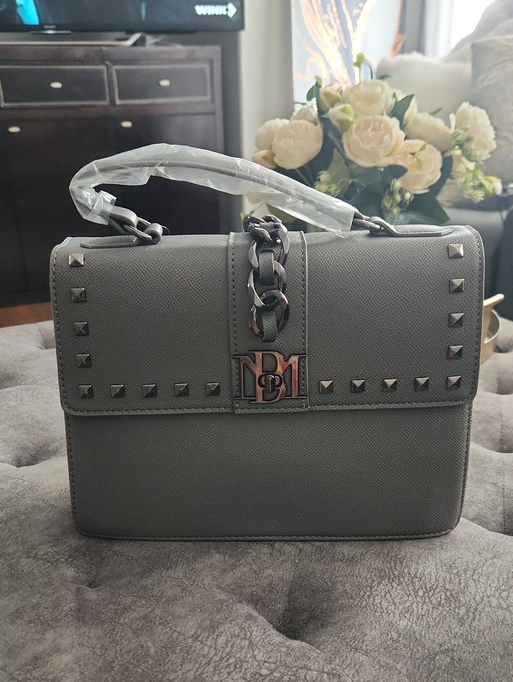 Badgley Mischka Gray Studded Top-Handle Satchel